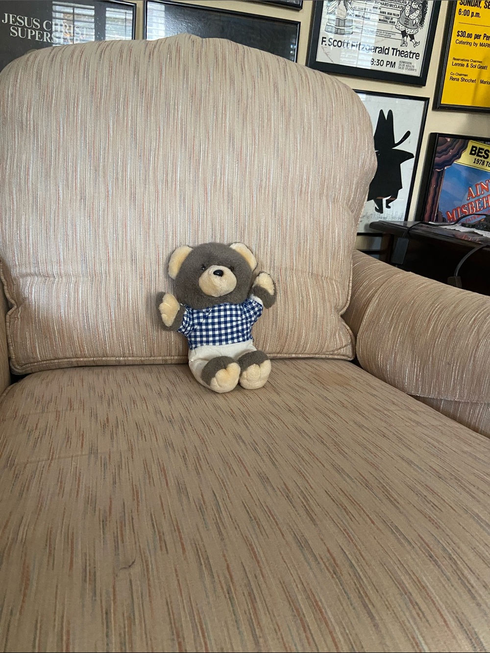 Petite Plush Brown and Cream Teddy Bear with Blue Gingham Shirt -